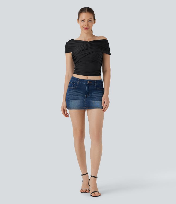 Haut décontracté moulant à col en V, manches courtes, croisement et fronces Haut décontracté moulant à col en V, manches courtes, croisement et fronces