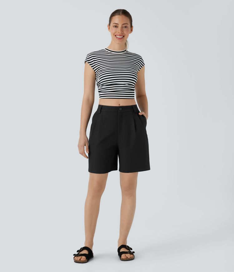 Mid Rise Zipper Pocket Barrel Leg Casual Bermuda Shorts