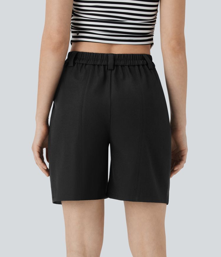 Mid Rise Zipper Pocket Barrel Leg Casual Bermuda Shorts