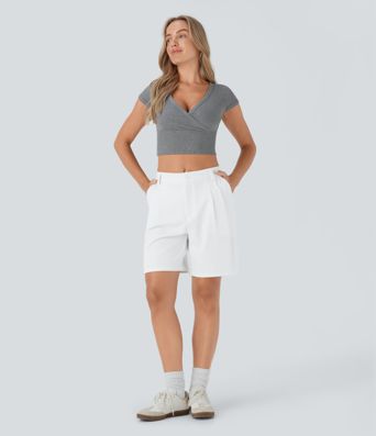 Mid Rise Zipper Pocket Barrel Leg Casual Bermuda Shorts
