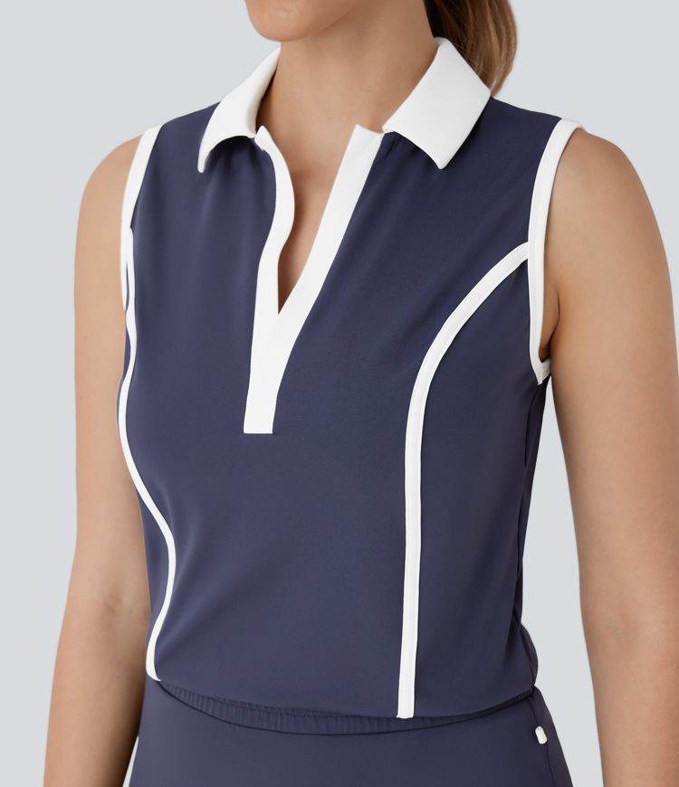 Softlyzero™ QuickDry - 2-in-1 Minigolf-Aktivkleid mit Seitentaschen, Polokragen, Farbblock und Golf-Tee-Tasche