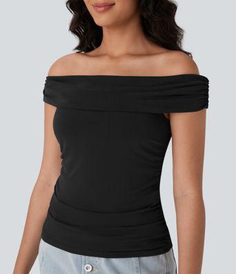 Off Shoulder Ruched Skinny Casual Top