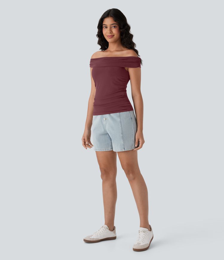 Off Shoulder Ruched Skinny Casual Top