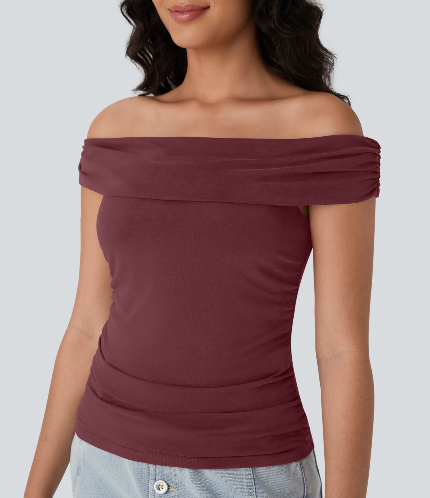Off Shoulder Ruched Skinny Casual Top