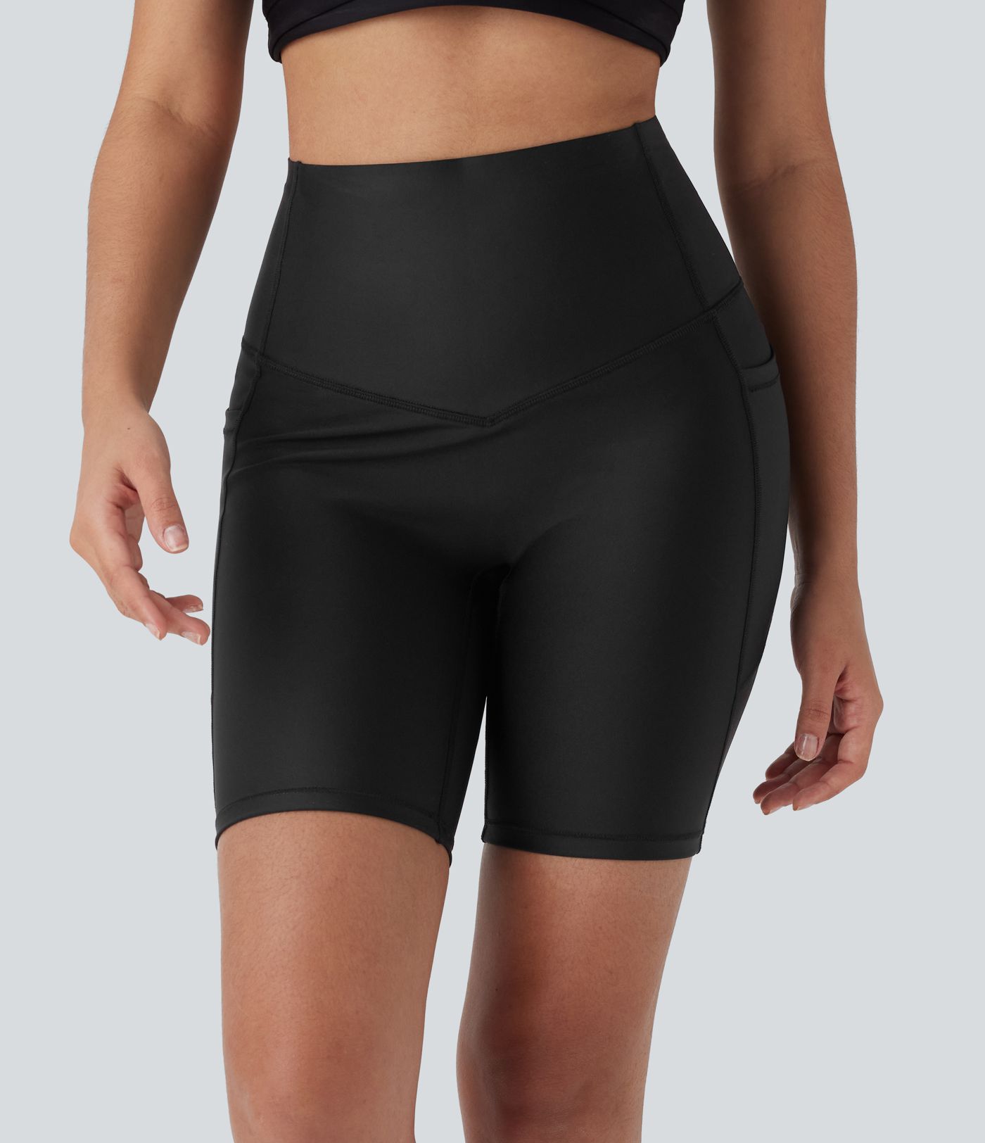 High Waisted Tummy Control Pocket Sheen Training Bike Running Shorts 7''