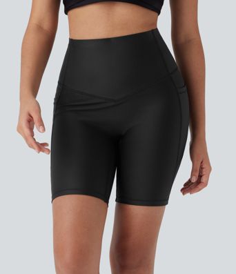 High Waisted Tummy Control Pocket Sheen Training Bike Running Shorts 7''