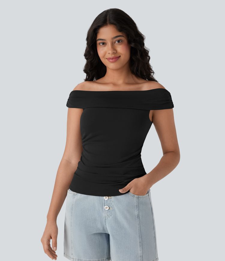 Off Shoulder Ruched Skinny Casual Top