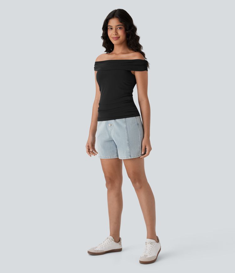 Off Shoulder Ruched Skinny Casual Top