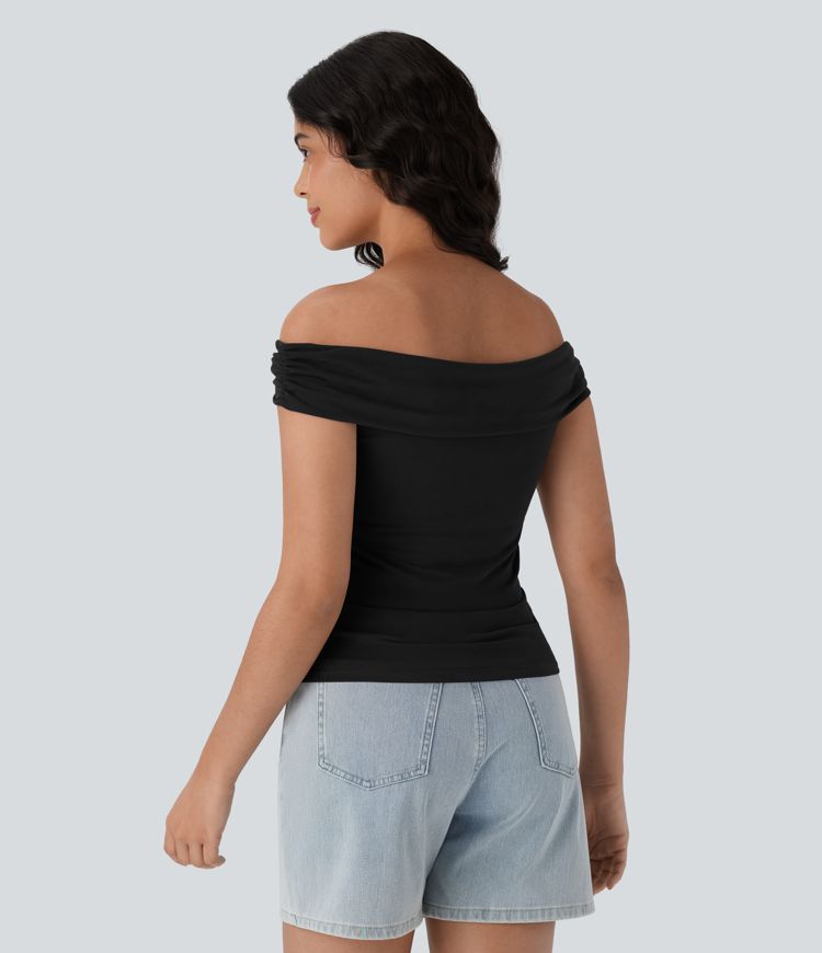 Off Shoulder Ruched Skinny Casual Top