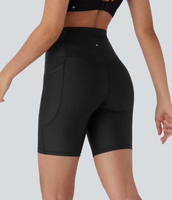High Waisted Tummy Control Pocket Sheen Training Bike Running Shorts 7''