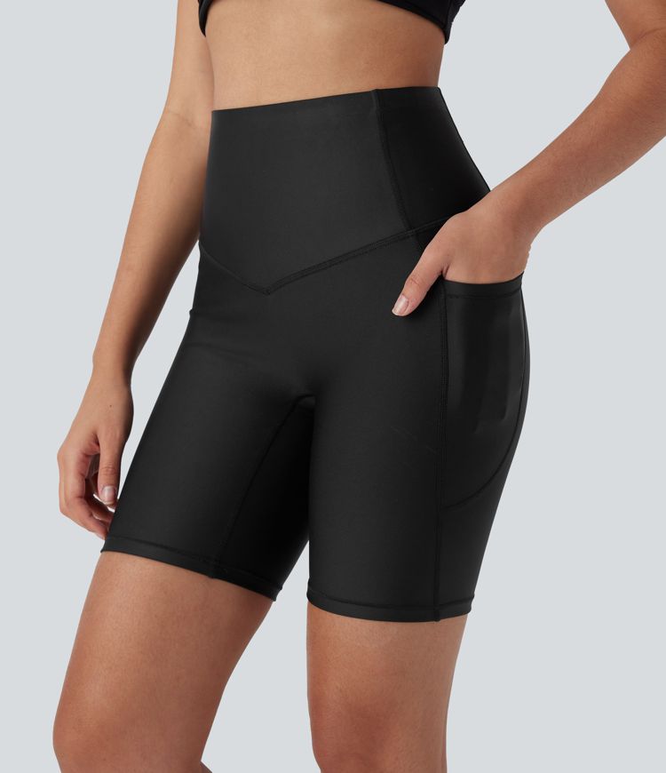 High Waisted Tummy Control Pocket Sheen Training Bike Running Shorts 7''