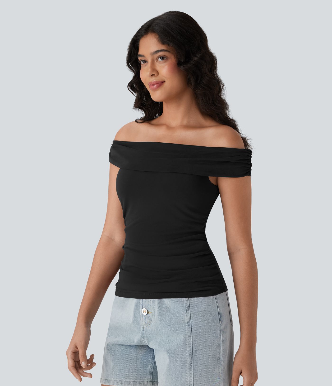 Off Shoulder Ruched Skinny Casual Top