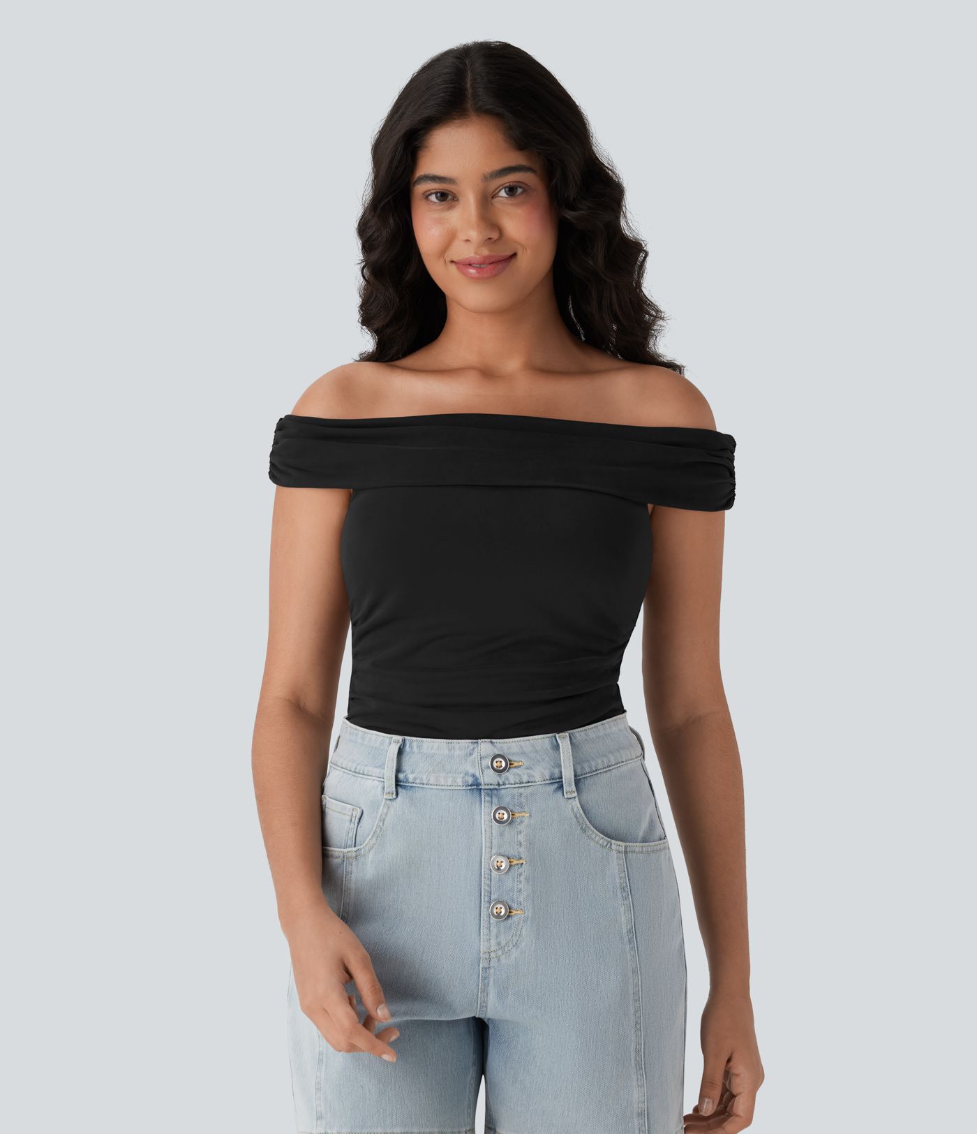Off Shoulder Ruched Skinny Casual Top