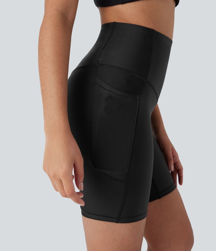High Waisted Tummy Control Pocket Sheen Training Bike Running Shorts 7''