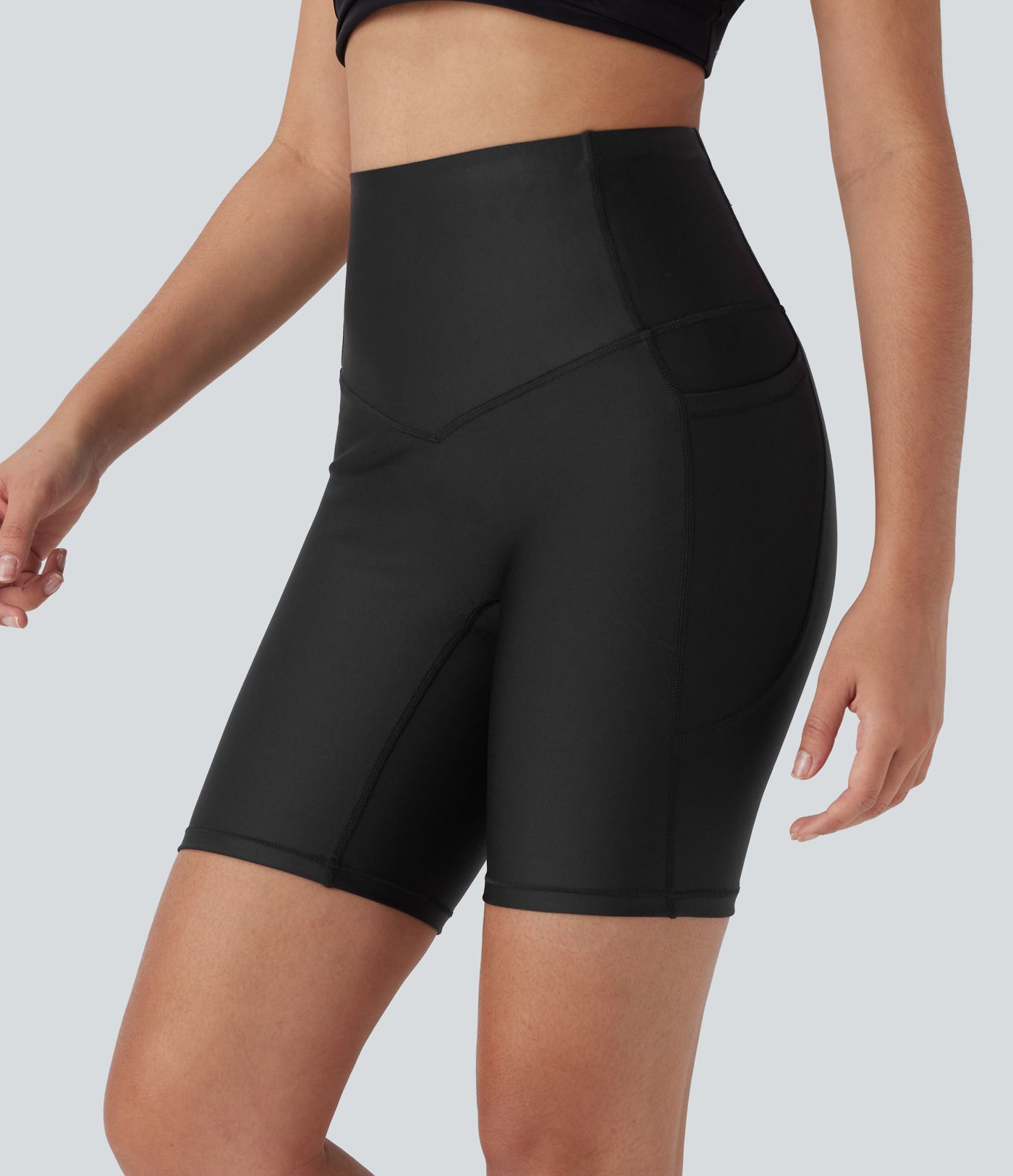 High Waisted Tummy Control Pocket Sheen Training Bike Running Shorts 7''