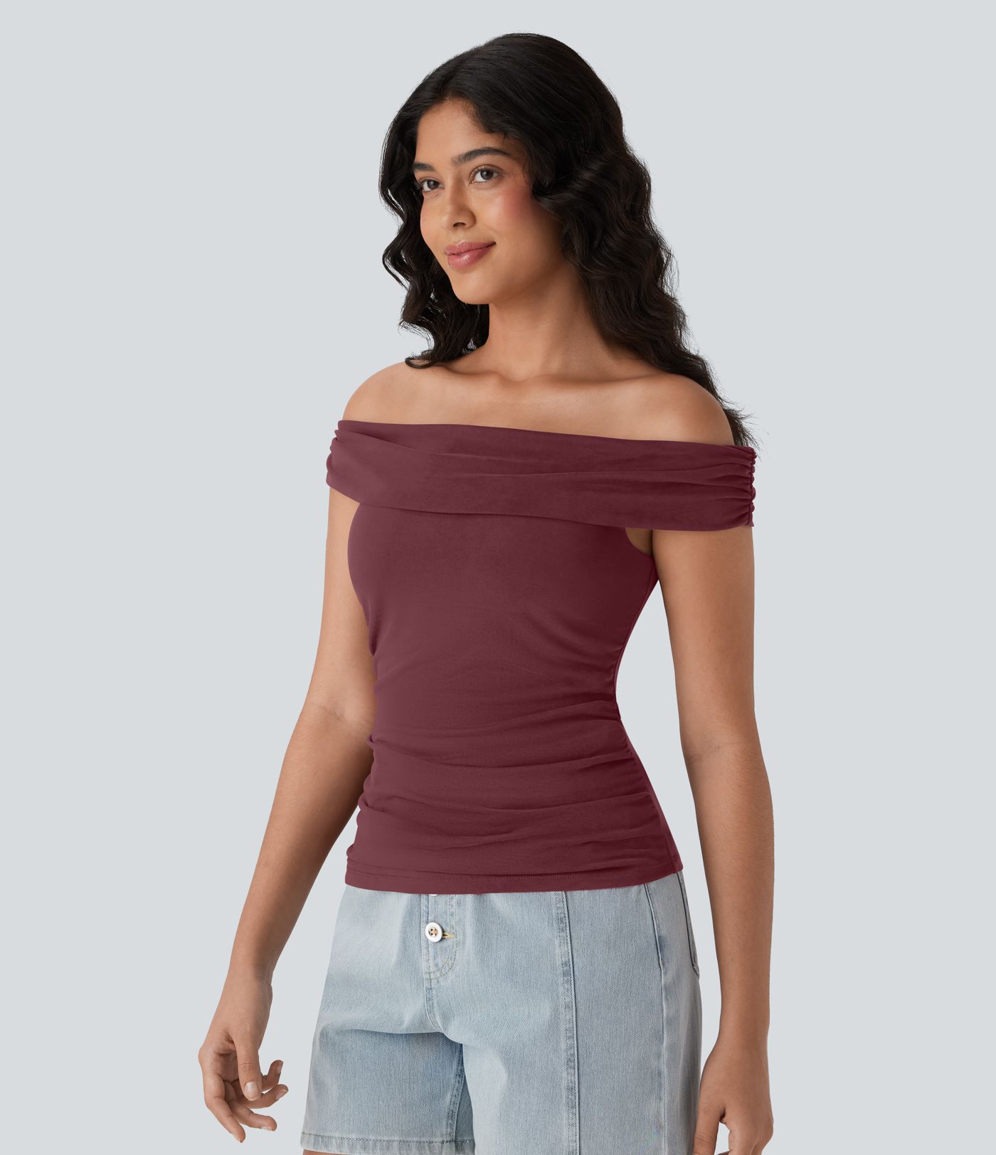 Off Shoulder Ruched Skinny Casual Top