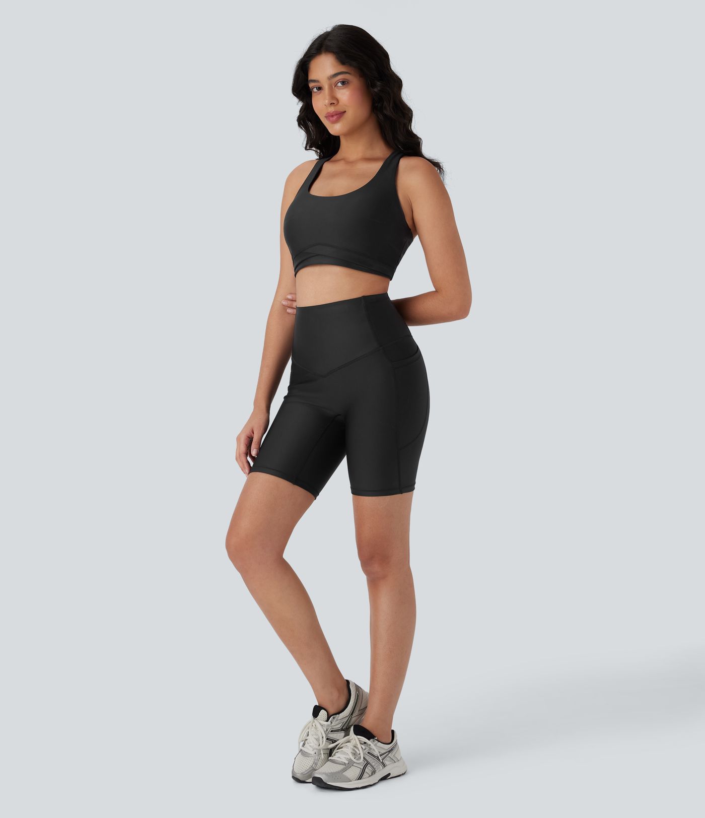 High Waisted Tummy Control Pocket Sheen Training Bike Running Shorts 7''