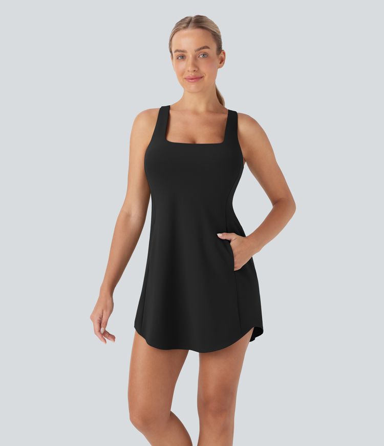 SoftlyZero™ Plush Cut Out Pocket 2-Piece Mini Yoga Active Dress D-F Cups