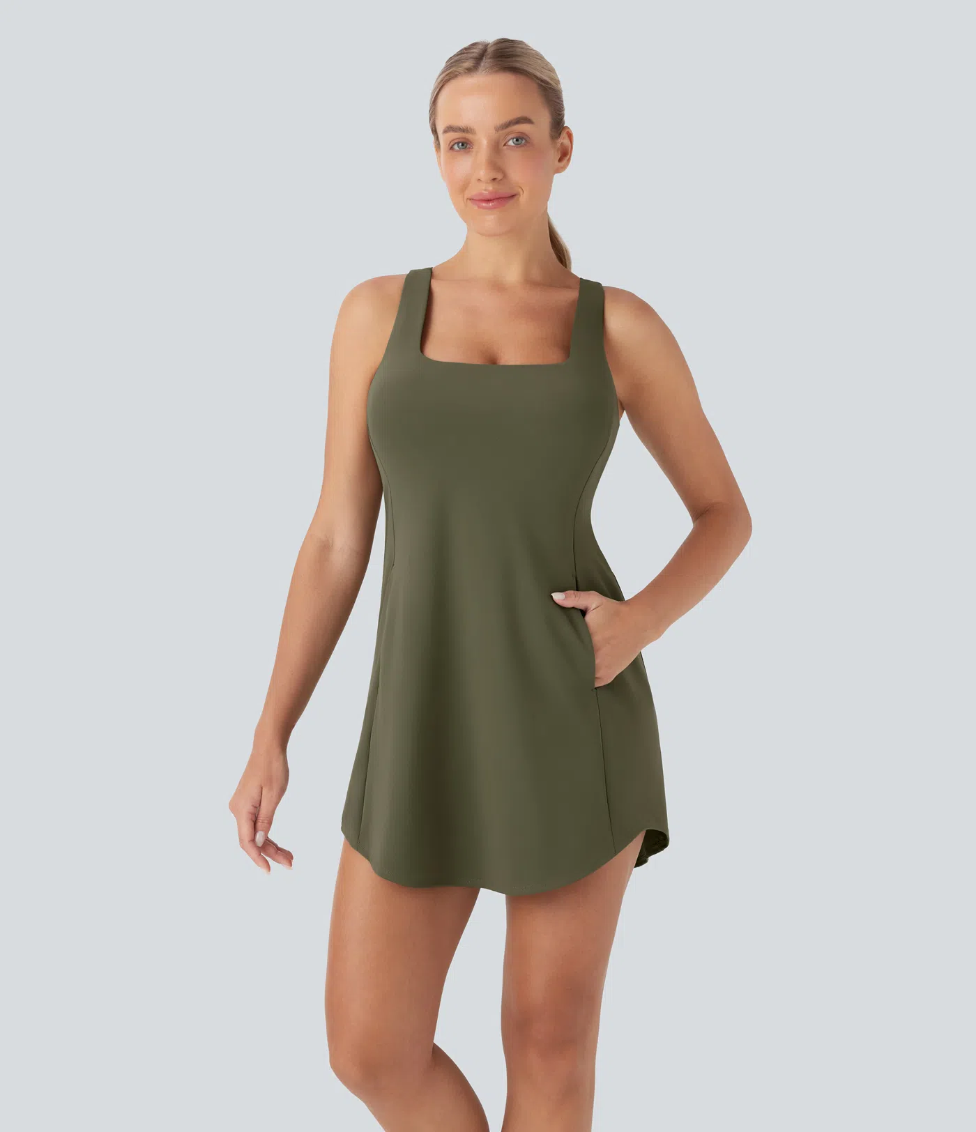 Softlyzero™ Plush Backless Crisscross Cut Out Side Pocket 2-Piece Mini Yoga Active Dress-D/DD/DDD/F Cups