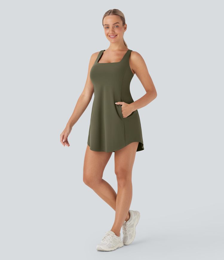 Vestido deportivo mini de yoga SoftlyZero™ Plush afelpado con abertura y bolsillos, 3 piezas en copas D-F