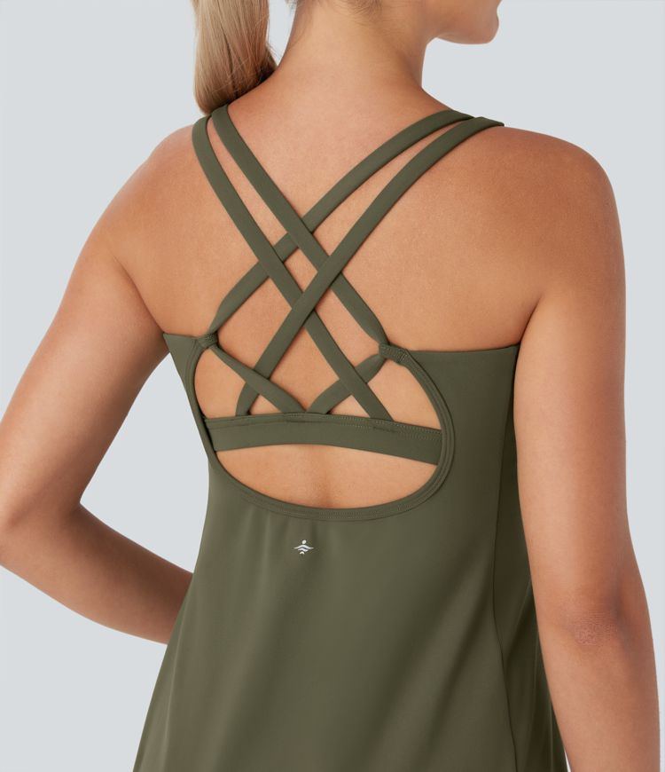 Vestido deportivo mini de yoga SoftlyZero™ Plush afelpado con abertura y bolsillos, 3 piezas en copas D-F