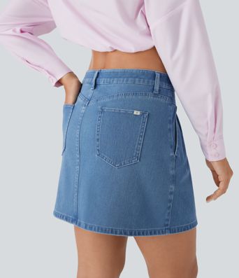 Halara Flex™ Mid Rise Knopf-Reißverschluss A-Linie Stretch-Strick-Jeans-Mini-Freizeitrock mit mehreren Taschen