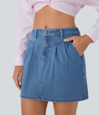 Halara Flex™ Mid Rise Knopf-Reißverschluss A-Linie Stretch-Strick-Jeans-Mini-Freizeitrock mit mehreren Taschen