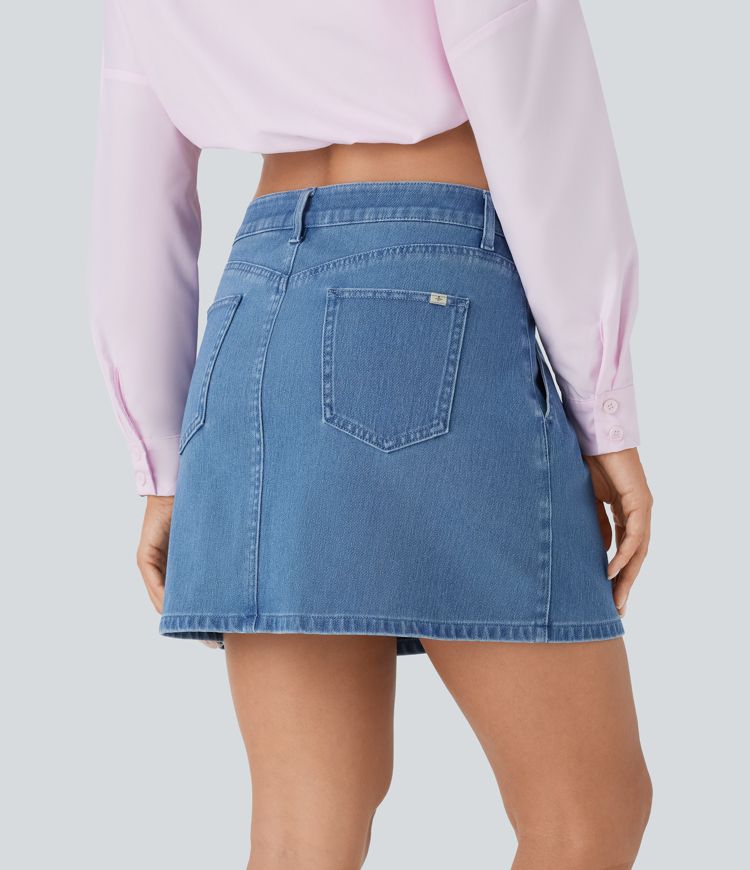 Halara Flex™ Mid Rise Knopf-Reißverschluss A-Linie Stretch-Strick-Jeans-Mini-Freizeitrock mit mehreren Taschen
