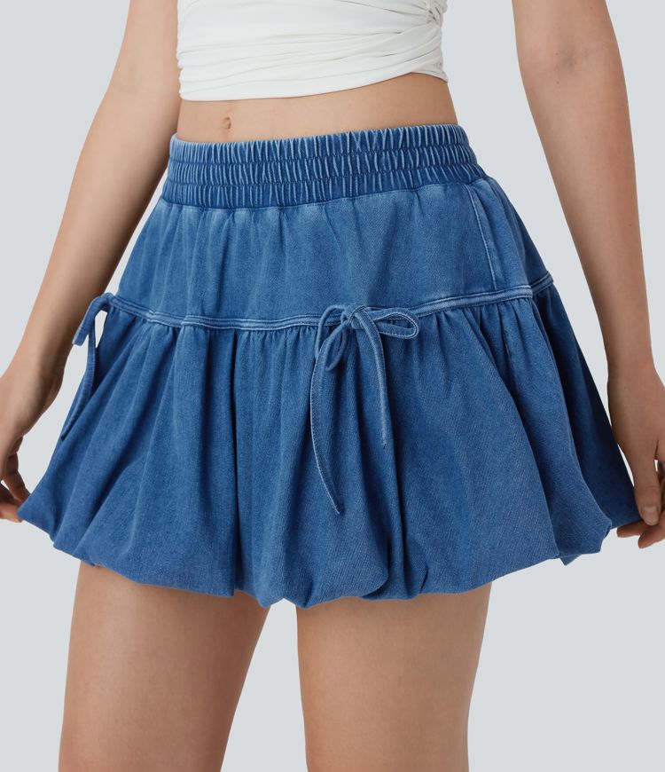 Halara Flex™ Mid Rise Bow 2-in-1 Mini Washed Denim Casual Bubble Skirt