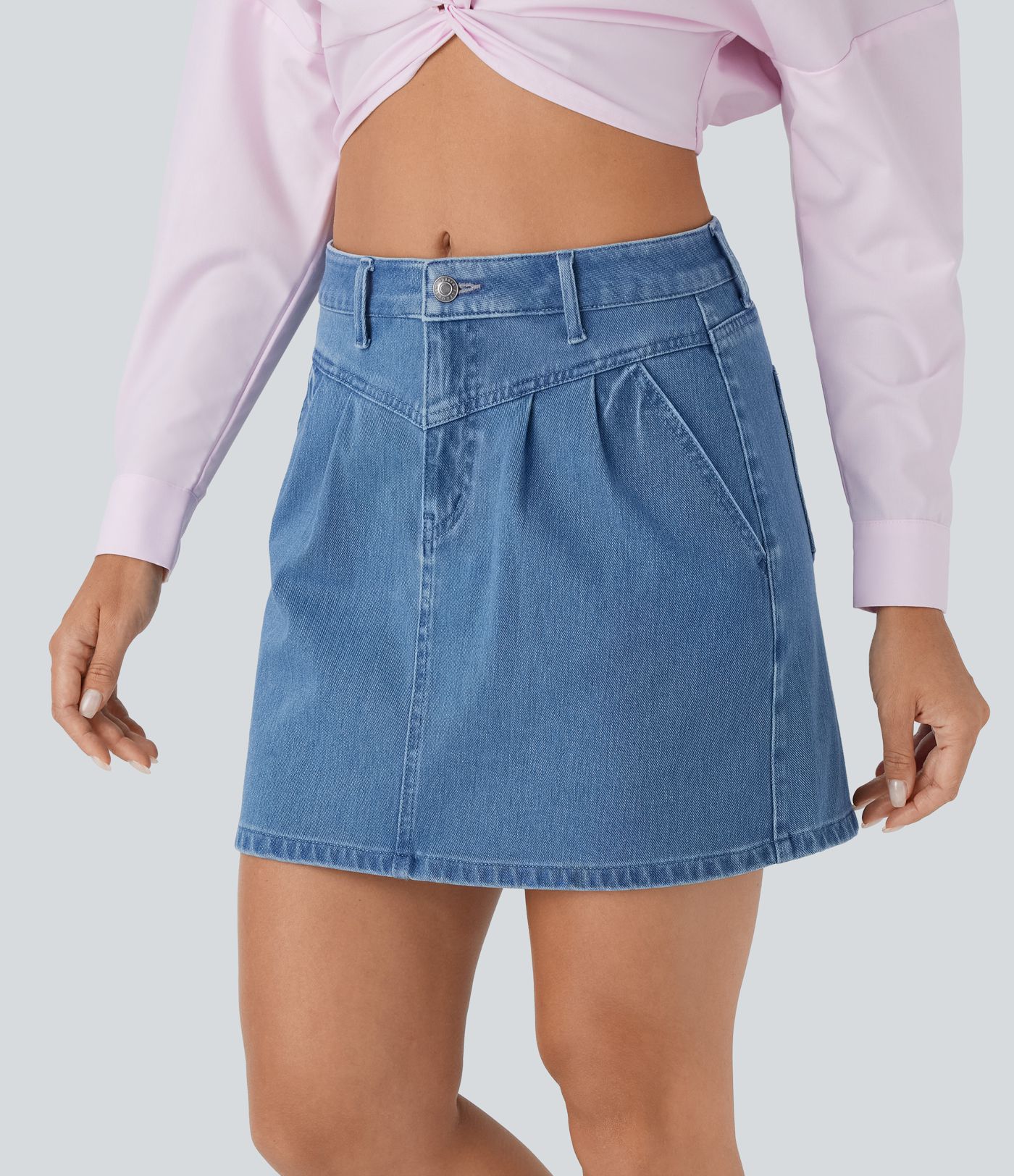 Halara Flex™ Mid Rise Knopf-Reißverschluss A-Linie Stretch-Strick-Jeans-Mini-Freizeitrock mit mehreren Taschen