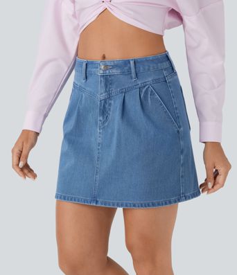 Halara Flex™ Mid Rise Knopf-Reißverschluss A-Linie Stretch-Strick-Jeans-Mini-Freizeitrock mit mehreren Taschen
