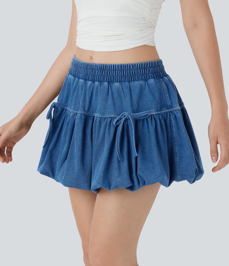 Halara Flex™ Mid Rise Bow 2-in-1 Mini Washed Denim Casual Bubble Skirt