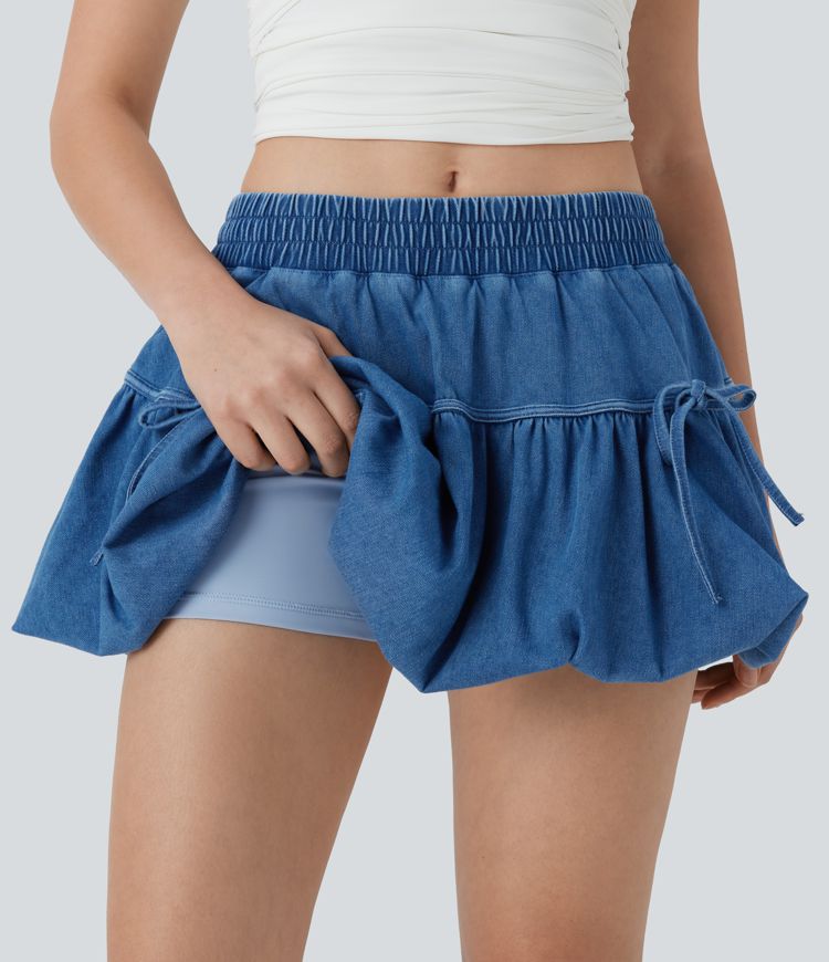 Halara Flex™ Mid Rise Bow 2-in-1 Mini Washed Denim Casual Bubble Skirt