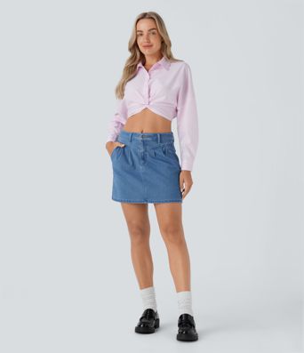 Halara Flex™ Mid Rise Knopf-Reißverschluss A-Linie Stretch-Strick-Jeans-Mini-Freizeitrock mit mehreren Taschen