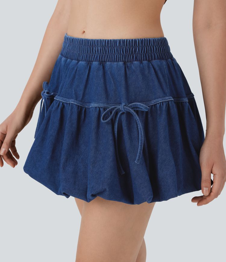 Halara Flex™ Mid Rise Bow 2-in-1 Mini Washed Denim Casual Bubble Skirt