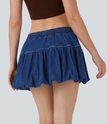 Halara Flex™ Mid Rise Bow 2-in-1 Mini Washed Denim Casual Bubble Skirt