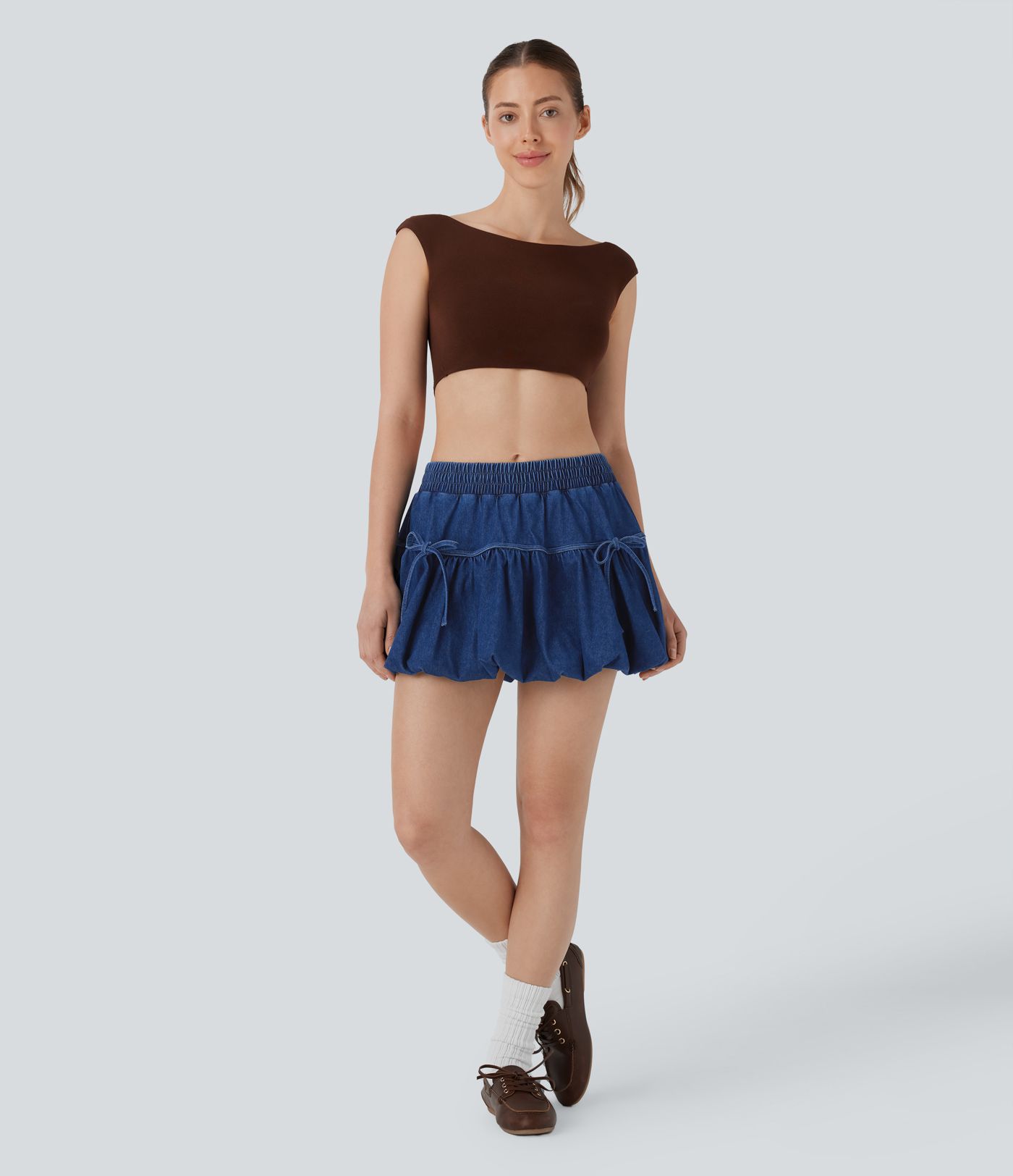 Halara Flex™ Mid Rise Bow 2-in-1 Mini Washed Denim Casual Bubble Skirt
