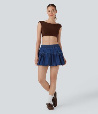 Halara Flex™ Mid Rise Bow 2-in-1 Mini Washed Denim Casual Bubble Skirt
