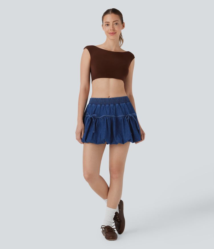 Halara Flex™ Mid Rise Bow 2-in-1 Mini Washed Denim Casual Bubble Skirt