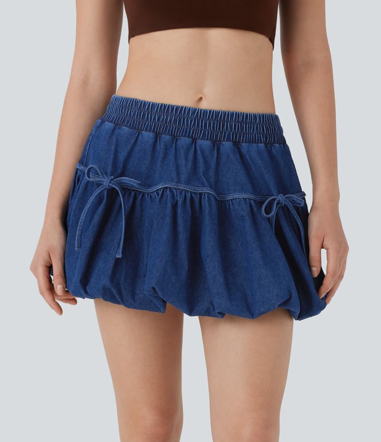 Halara Flex™ Mid Rise Bow 2-in-1 Mini Washed Denim Casual Bubble Skirt