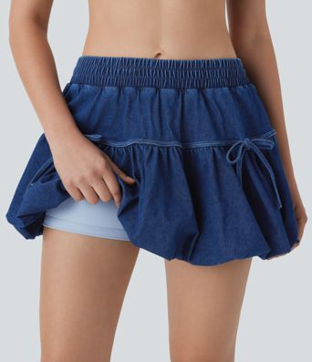 Halara Flex™ Mid Rise Bow 2-in-1 Mini Washed Denim Casual Bubble Skirt