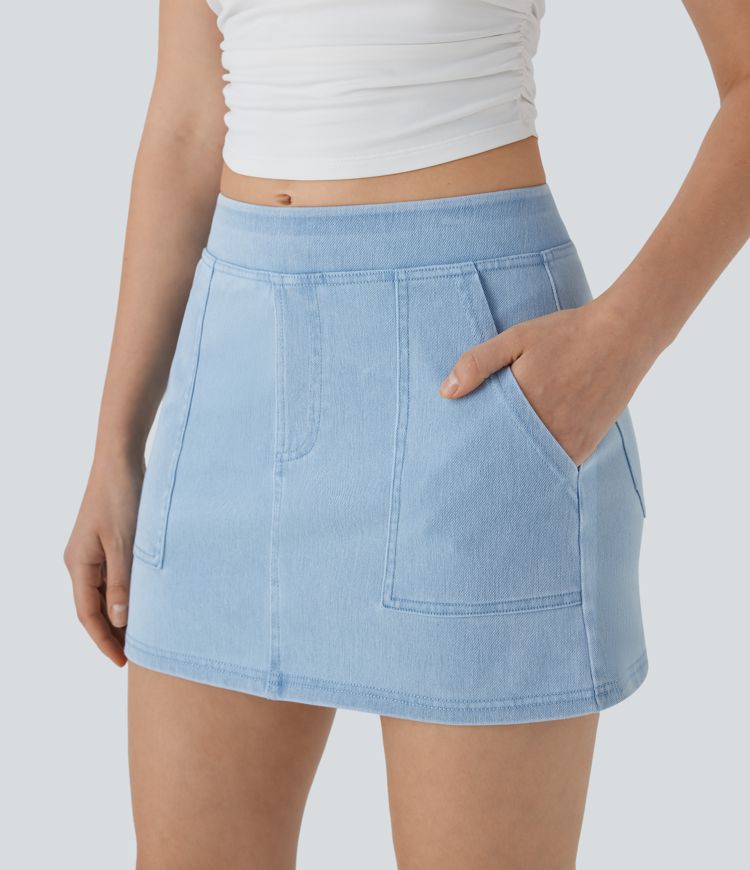 Halara Flex™ Mid Rise A-line Mini Washed Denim Casual Skirt with Pockets