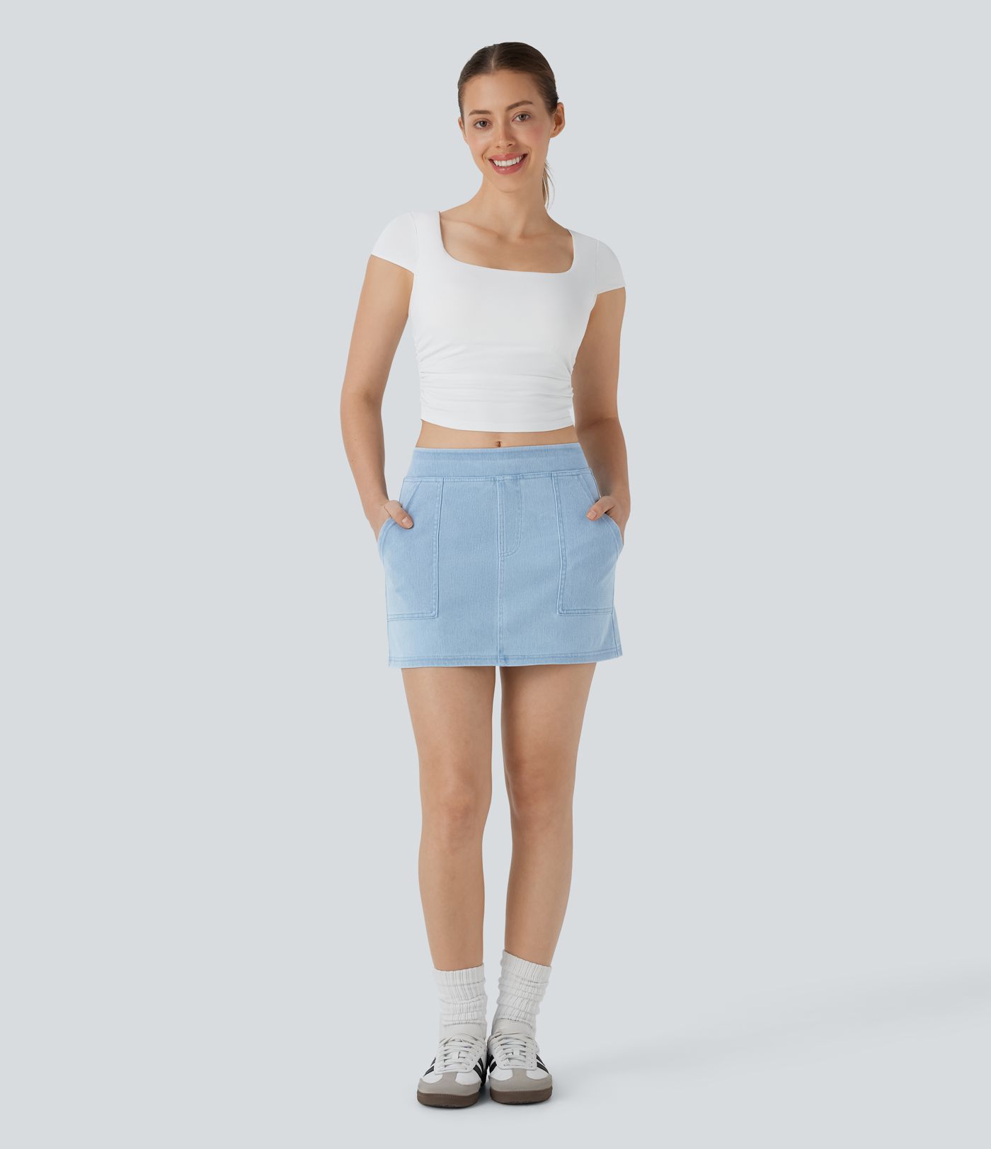 Halara Flex™ Mid Rise A-Linie Mini Washed Stretchy Knit Denim Casual Rock mit Taschen