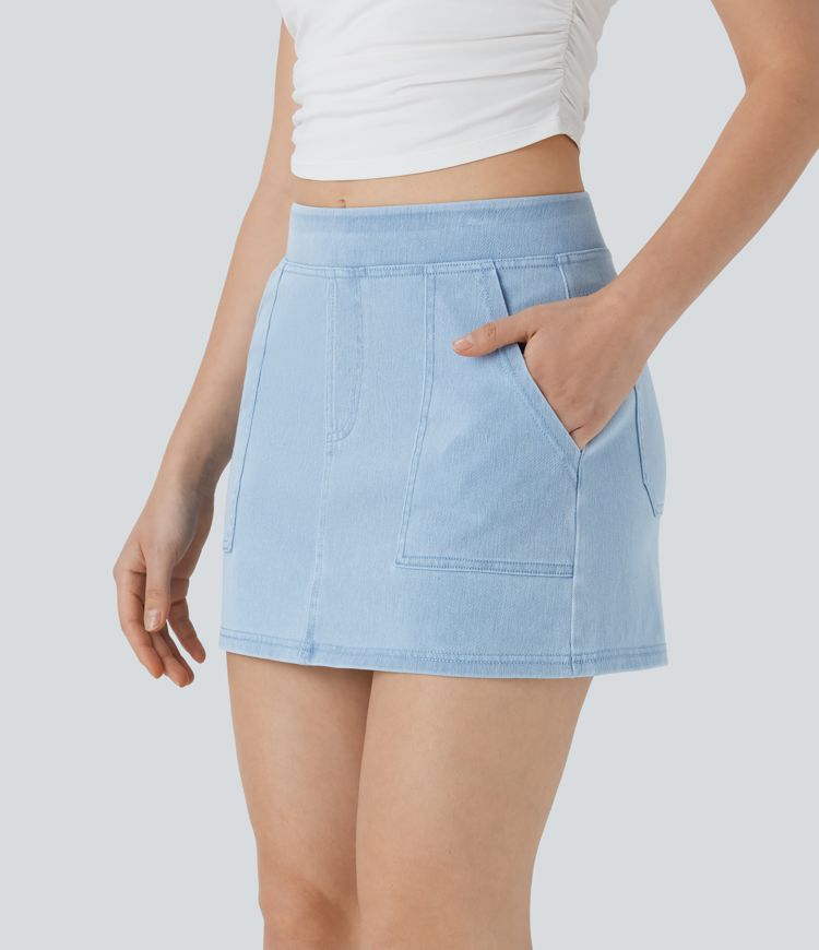 Halara Flex™ Mid Rise A-line Mini Washed Denim Casual Skirt with Pockets