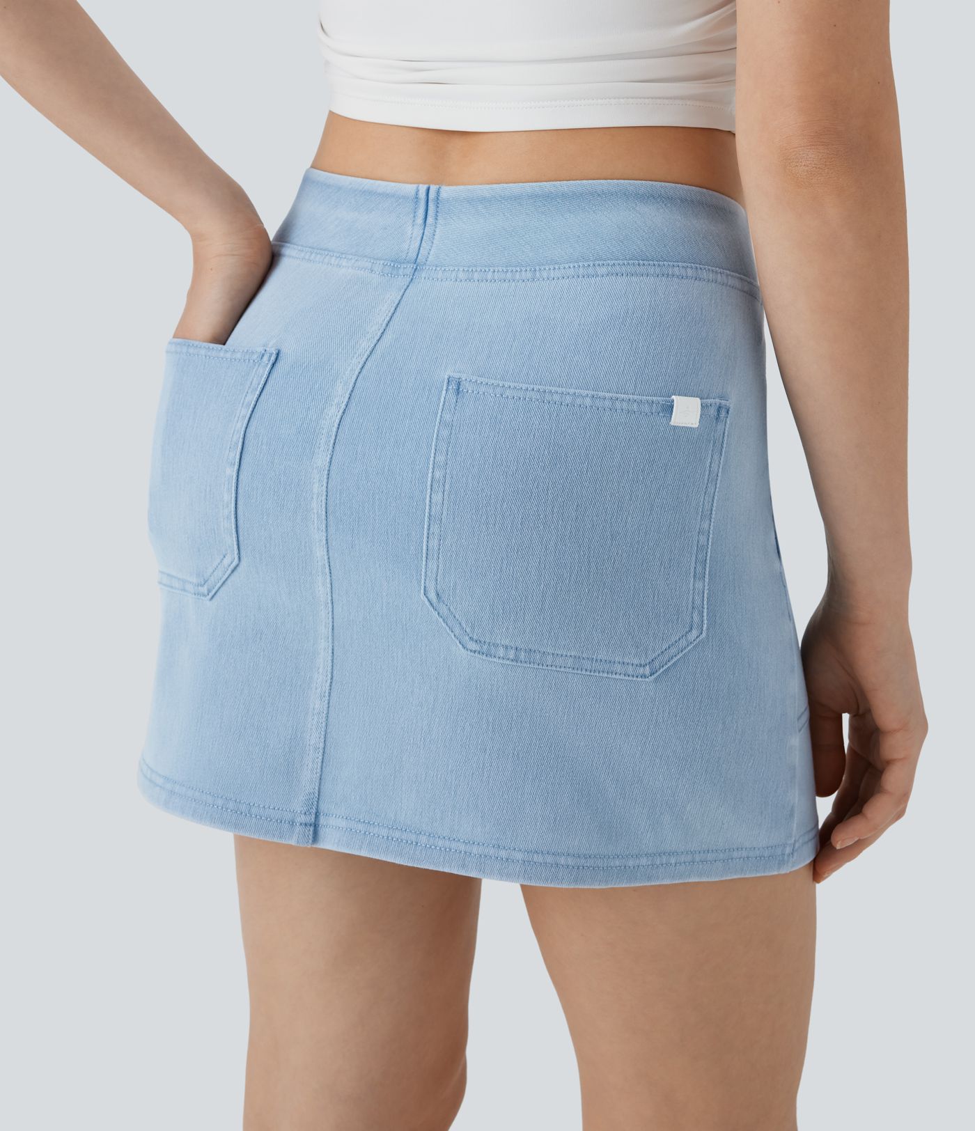 Halara Flex™ Mid Rise A-Linie Mini Washed Stretchy Knit Denim Casual Rock mit Taschen