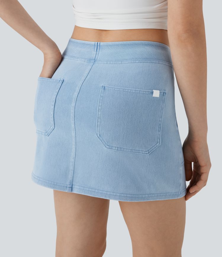Halara Flex™ Mid Rise A-line Mini Washed Stretchy Knit Denim Casual Skirt with Pockets