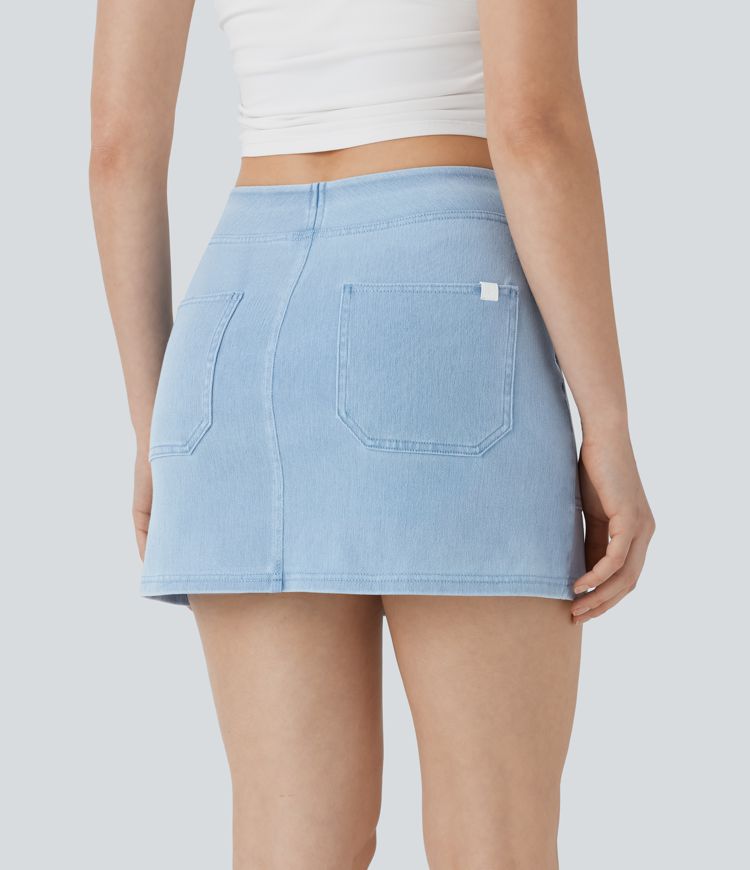 Halara Flex™ Mid Rise A-line Mini Washed Denim Casual Skirt with Pockets