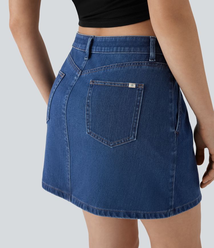 Halara Flex™ Mid Rise Zipper A Line Denim Mini Casual Skirt with Pockets