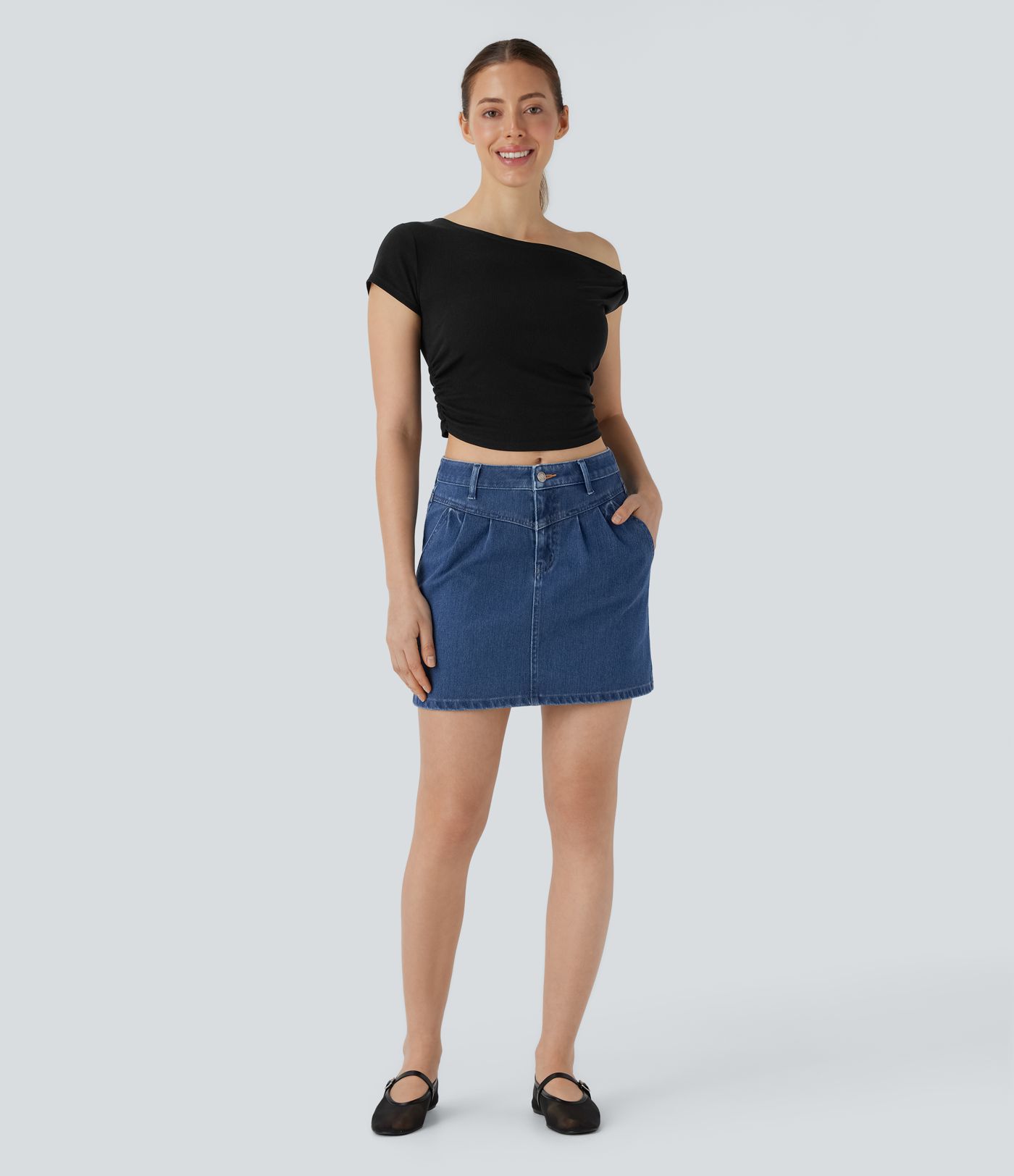 Halara Flex™ Mid Rise Zipper A Line Denim Mini Casual Skirt with Pockets