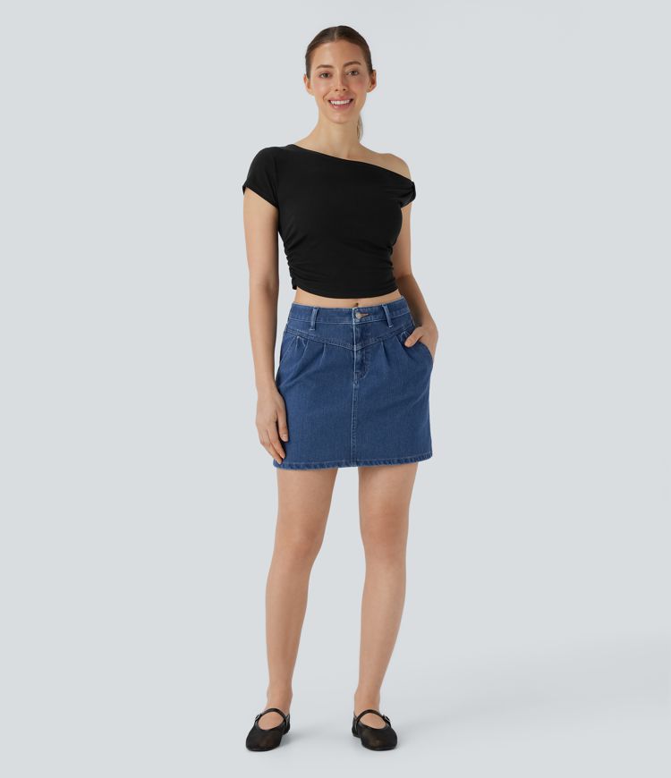 Halara Flex™ Mid Rise Zipper A Line Denim Mini Casual Skirt with Pockets